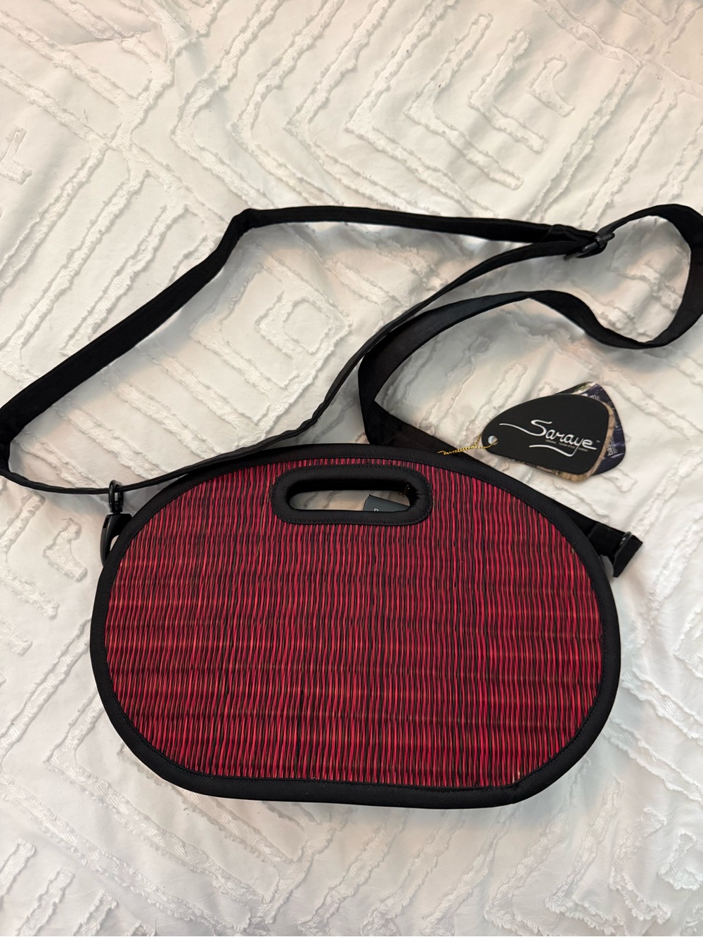 Sara Ribbed Oval Shoulder Bag in Burgundy with Black Trim